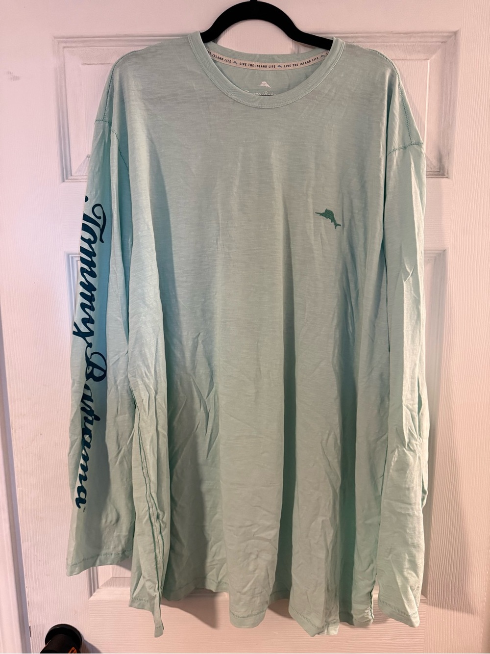 Tommy Bahama Long-Sleeve Tee in Seafoam with Navy Sleeve Script